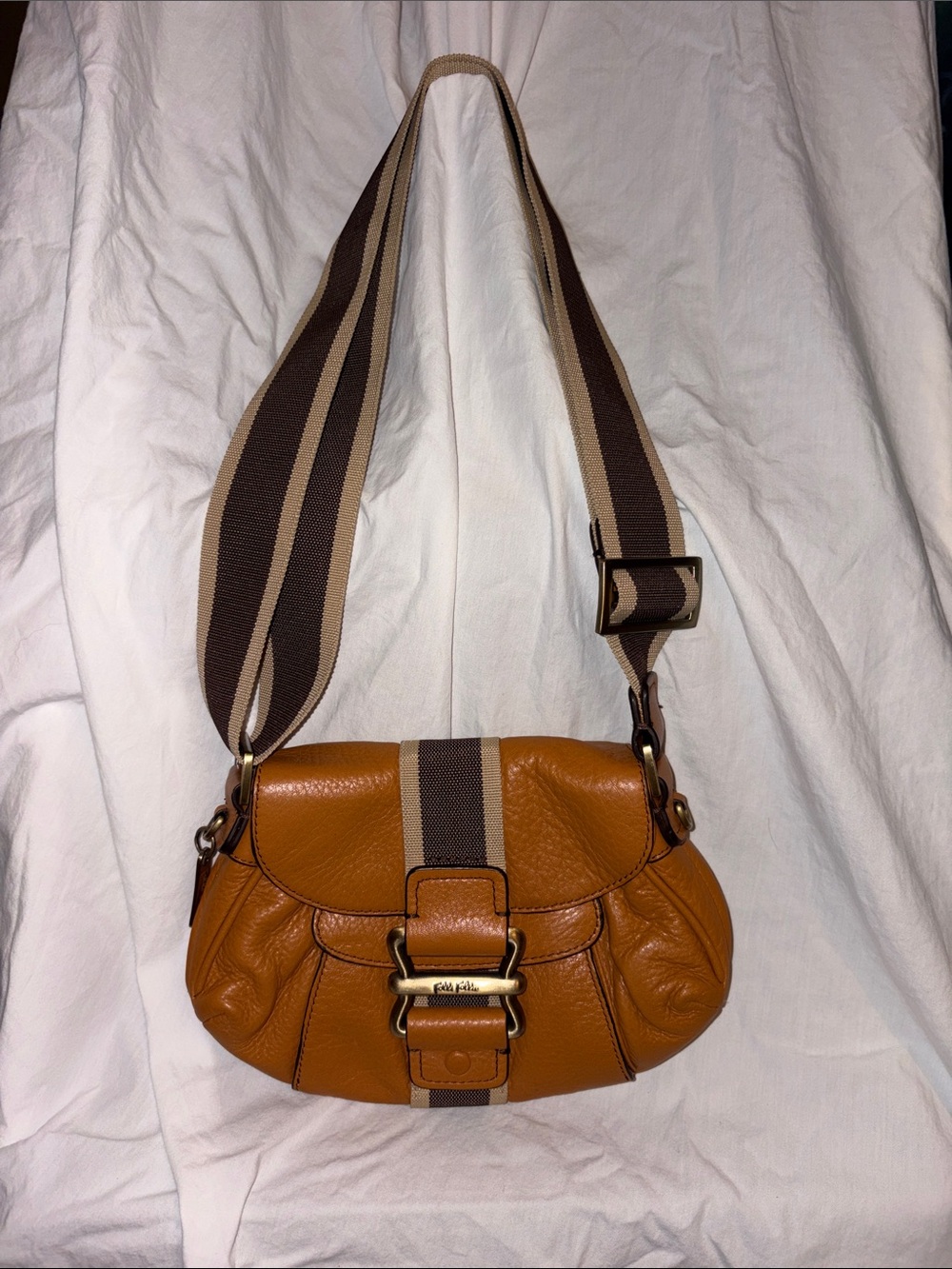 Folli Follie | Leather Saddle Crossbody Bag in Tan with Striped Strap